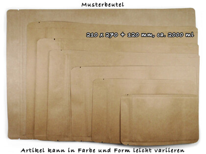 Unterschiedliche Größen von Standbodenbeuteln ohne Fenster übereinanderliegen, die aktuelle Größe hervorgehoben