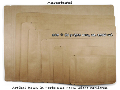 Unterschiedliche Größen von Standbodenbeuteln ohne Fenster übereinanderliegen, die aktuelle Größe hervorgehoben