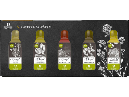 Geschenkpackung mit 5 kleinen Flaschen der Ölmühle Solling