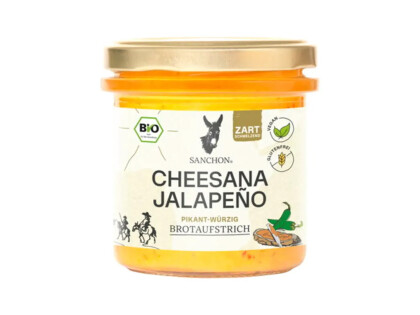 Glas mit Bio Sanchon Brotaufstrich Cheesana Jalapeno