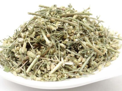 Schale mit getrocknetem und geschnittenem Bio Schafgarbenkraut