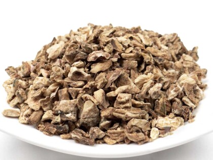 Schale mit getrockneter und geschnittener Bio Teufelskralle