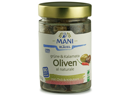 Bio MANI Grüne und Kalamata Oliven mit Chili & Kräutern in Olivenöl, 205g