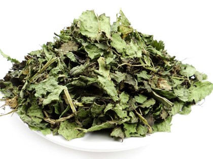 Schale mit getrockneten und geschnittenen Bio Brennnesselblättern