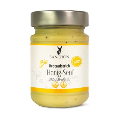 Glas mit Bio Sanchon Brotaufstrich Honig-Senf