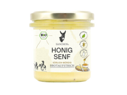 Sanchon Bio Brotaufstrich Honig-Senf im 135g Schraubglas, süß-würzig, glutenfrei und vegetarisch