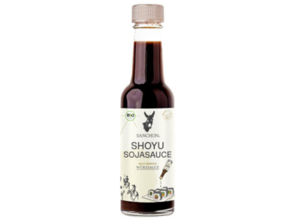 Sanchon Shoyu Sojasauce Bio 140 ml – Glasflasche mit hellem Etikett, dunkelbraune Sauce, Bio-Siegel sichtbar.